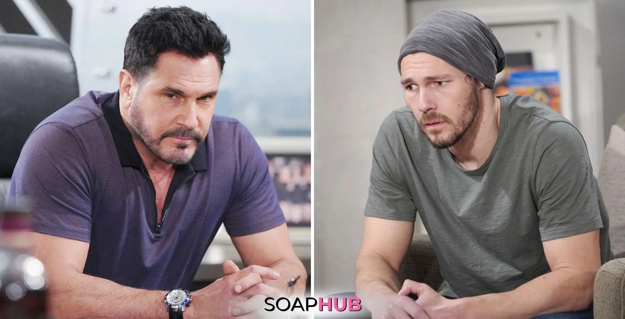 Bold and the Beautiful's Bill and Liam with the SoapHub logo.