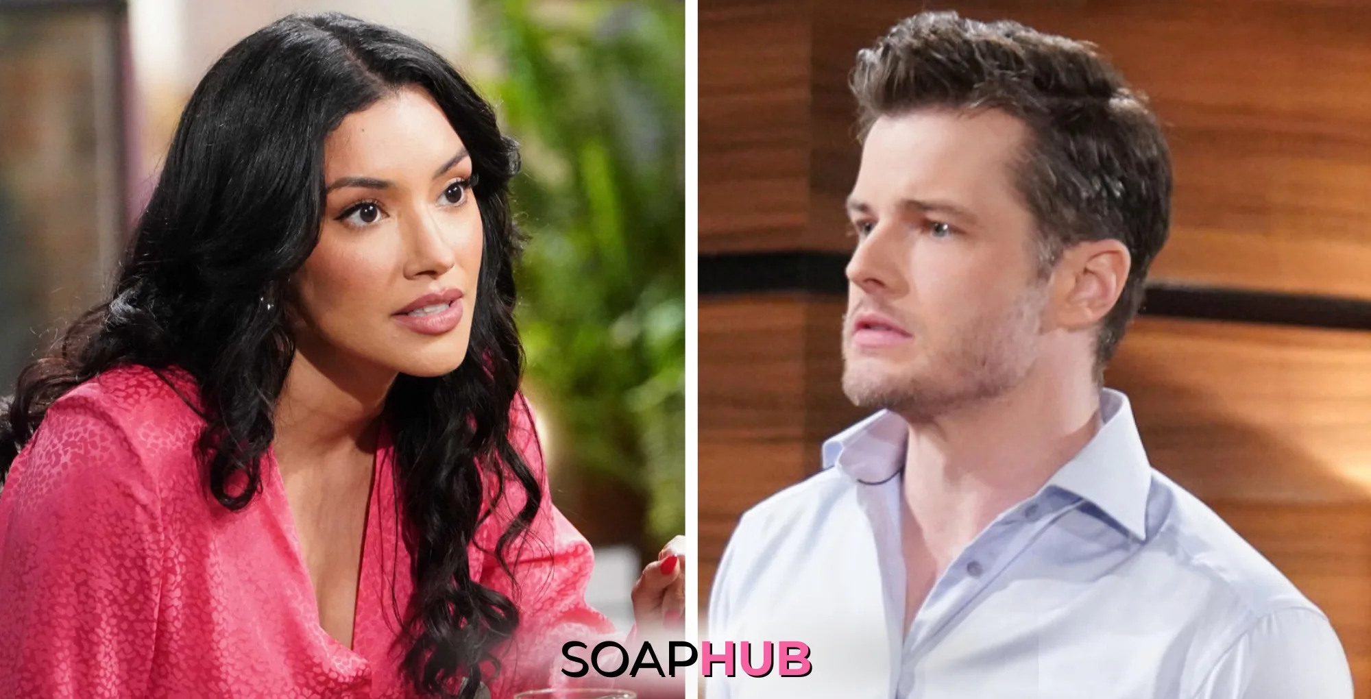 The Young and the Restless characters Audra and Kyle; with the Soap Hub logo.