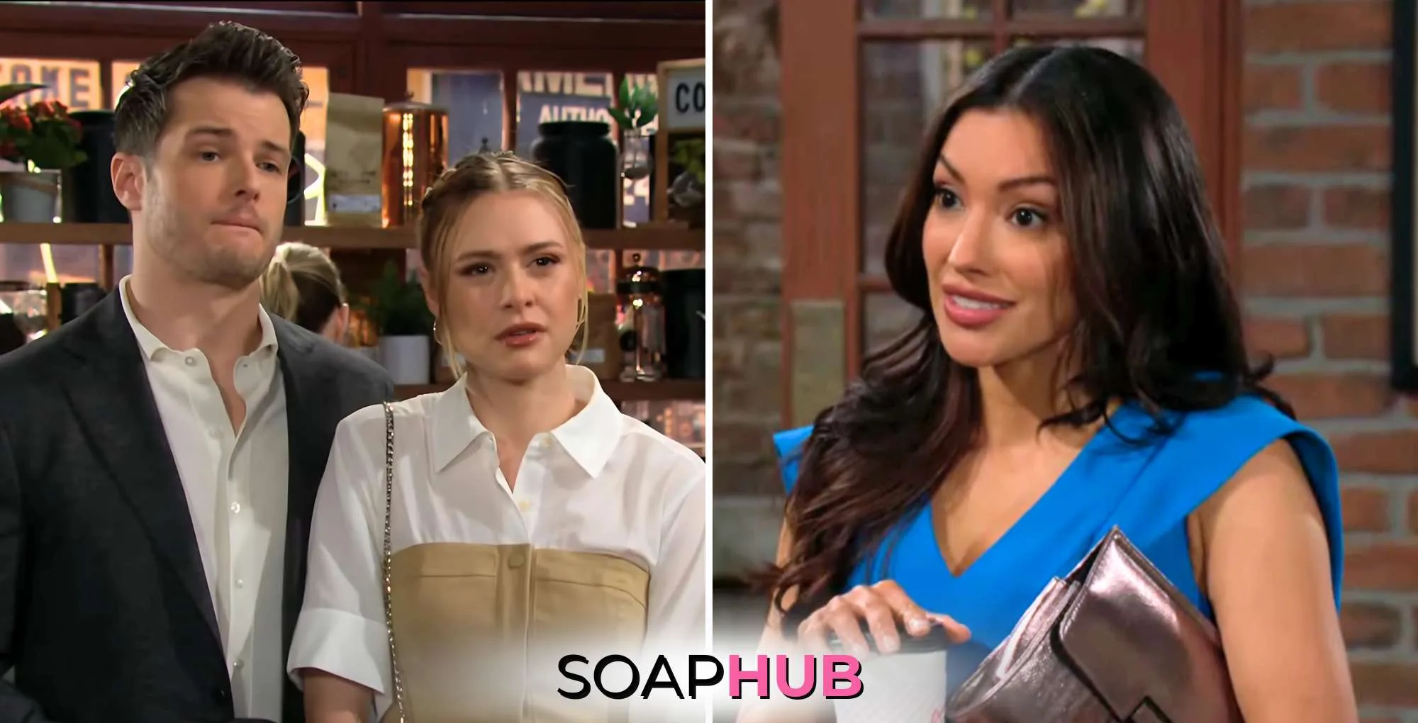 Young and the Restless May 1 Kyle, Claire, and Audra with the Soap Hub logo.