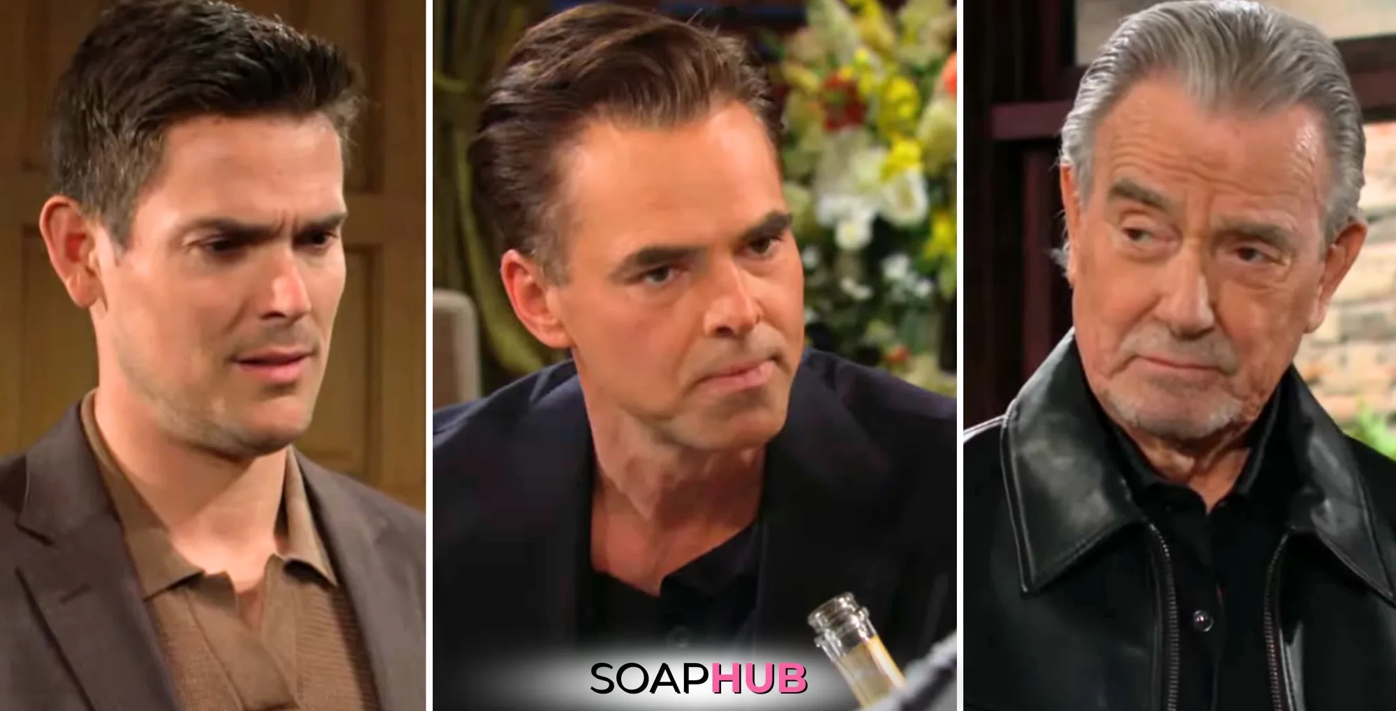 Young and the Restless Spoilers May 27 Adam, Billy, and Victor with the Soap Hub logo.