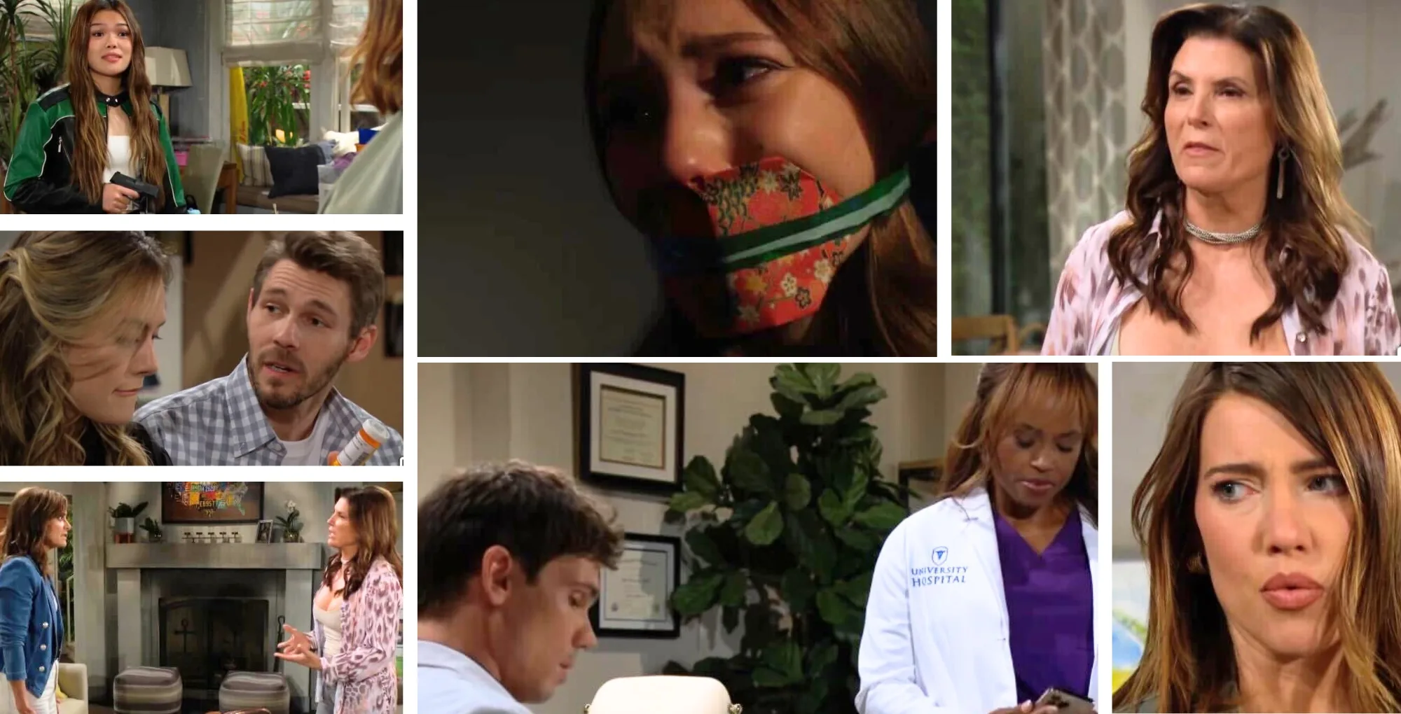 The Bold and the Beautiful characters Luna, Ms. Dylan, Sheila, Hope, Liam, Taylor, Finn, Grace, and Steffy.