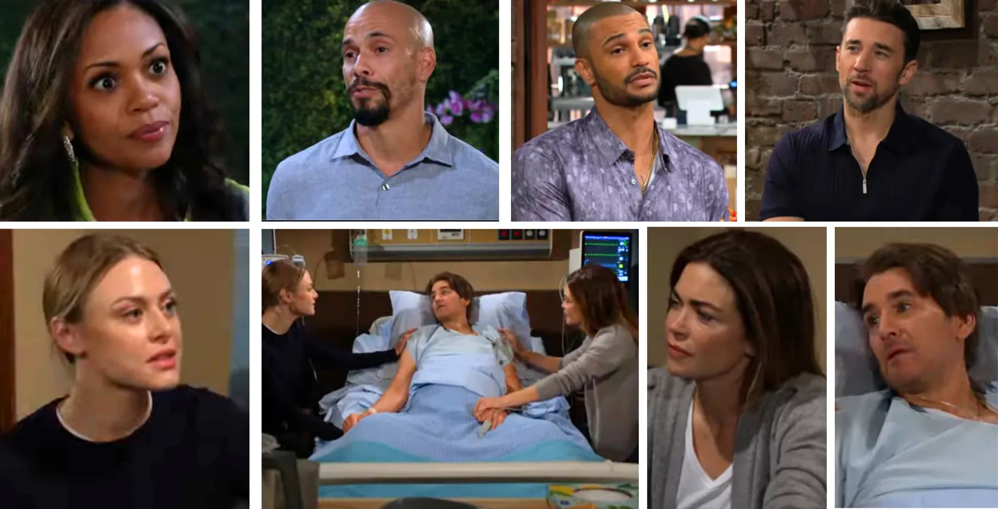 The Young and the Restless characters Amanda, Devon, Cane, Claire, Cole, Victoria, and Holden.