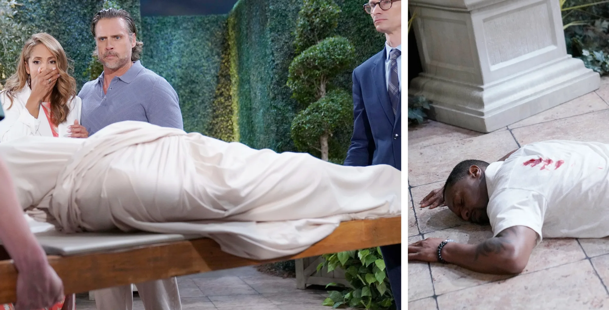 The Young and the Restless characters Lily, Nick, and Damian part of a murder mystery.