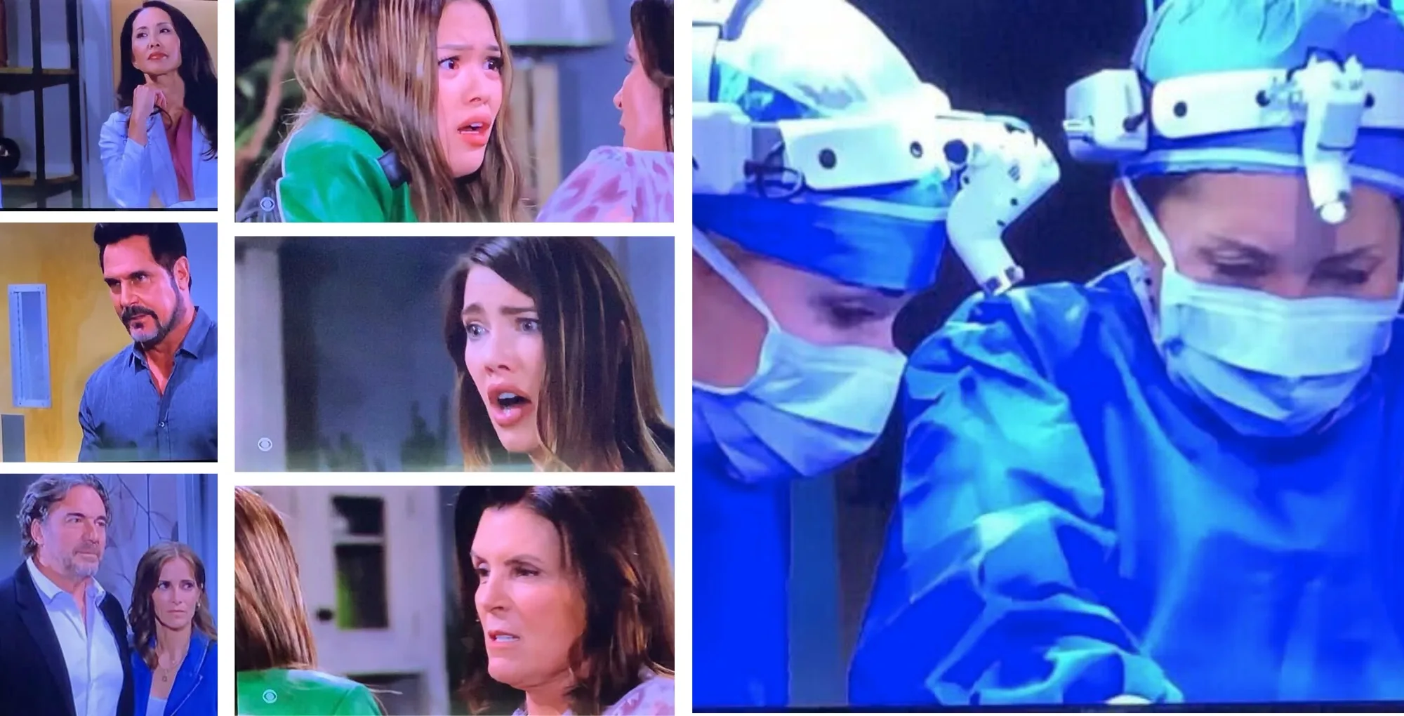 The Bold and the Beautiful characters Li, Bill, Ridge, Taylor, Luna, Steffy, Sheila, and Bridget.