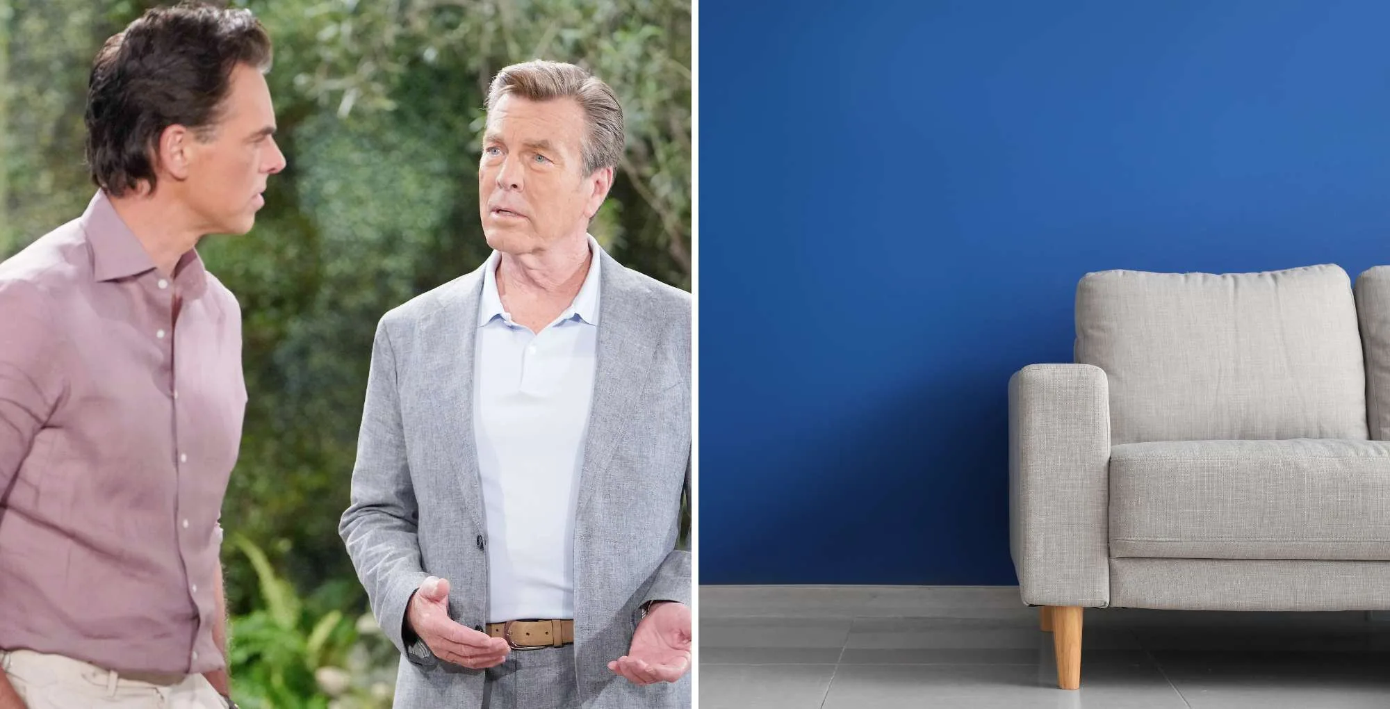 The Young and the Restless July 24 Billy and Jack, and a gray couch.