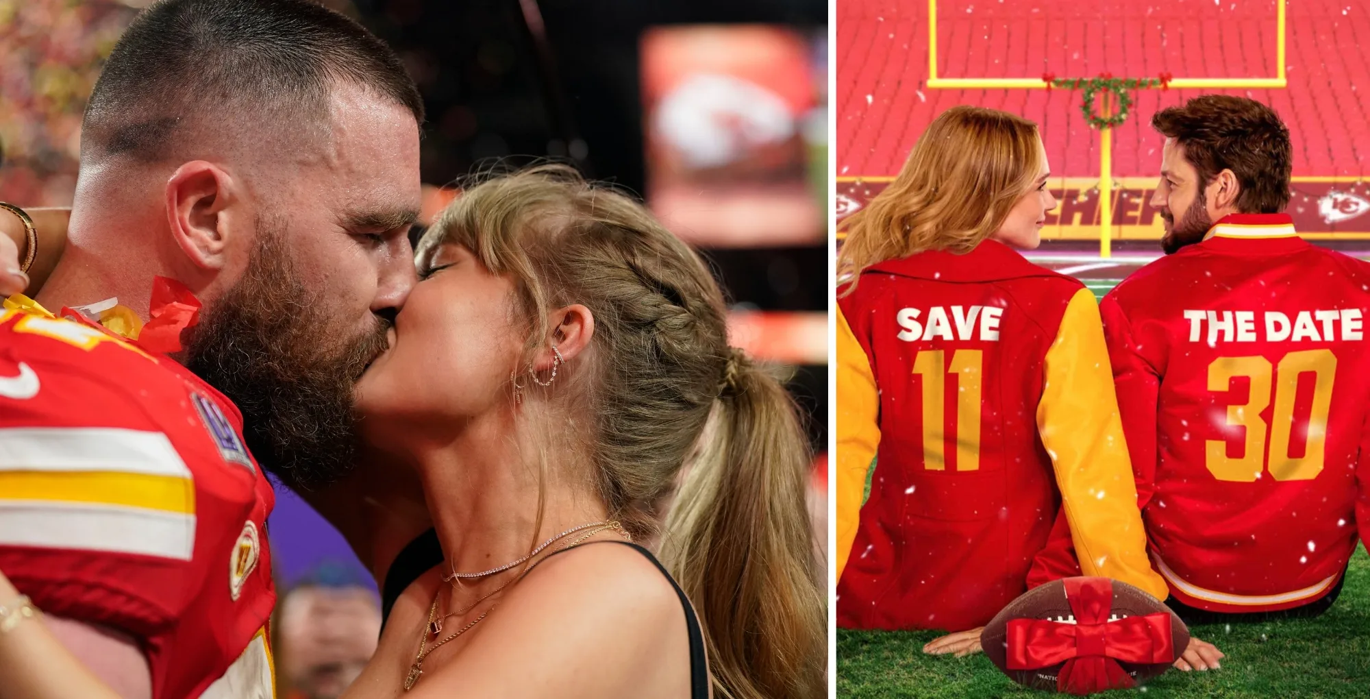 Taylor Swift and Travis Kelce engaged next to image from Hallmark's Holiday Touchdown.