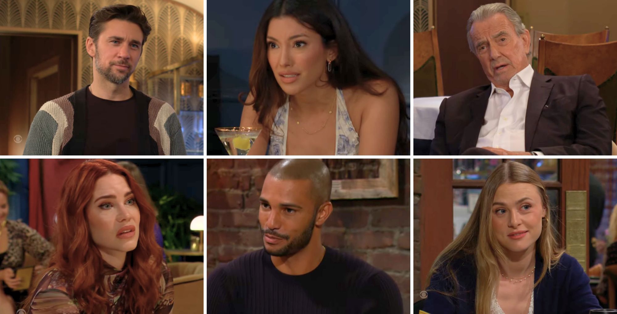 The Young and the Restless characters Cane, Audra, Victor, Sally, Holden, and Claire.