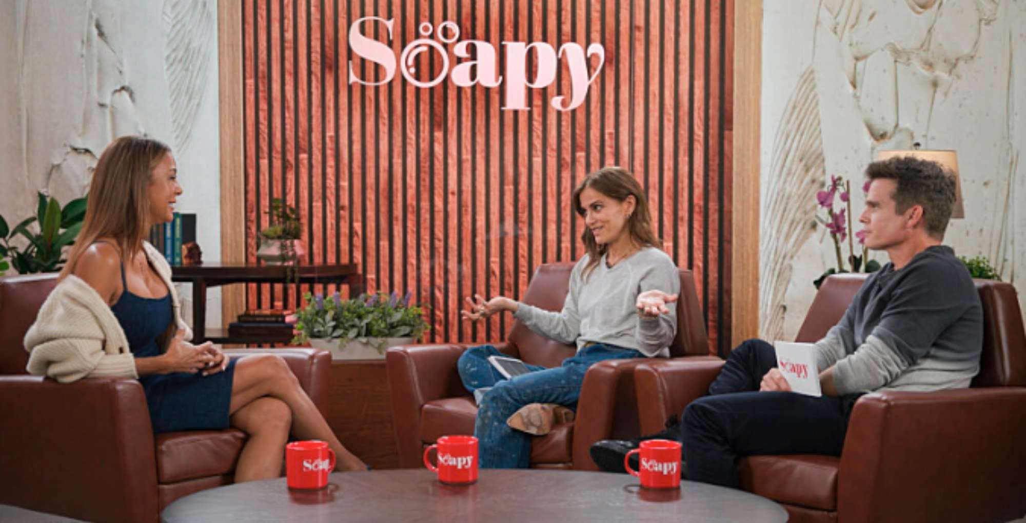 Eva LaRue, Rebecca Budig, and Greg Rikaart on the Soapy set.