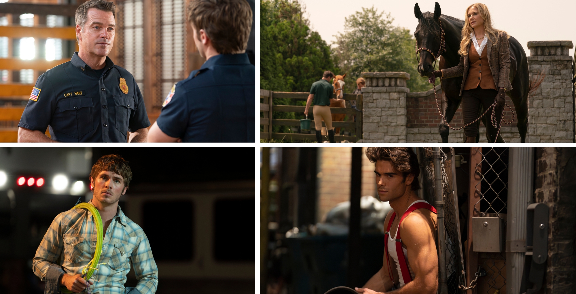 Chris O'Donnell as Don Hart, Jessica Capshaw as Blythe Hart, Michael Provost as Ryan Hart, and Hunter McVey as Blue Bennings on 911: Nashville