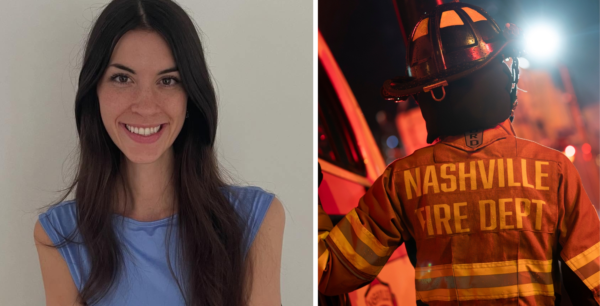 Actress Isabelle Tate in a blue shirt. A photo from 9-1-1: Nashville of a firefighter in full NFD gear.