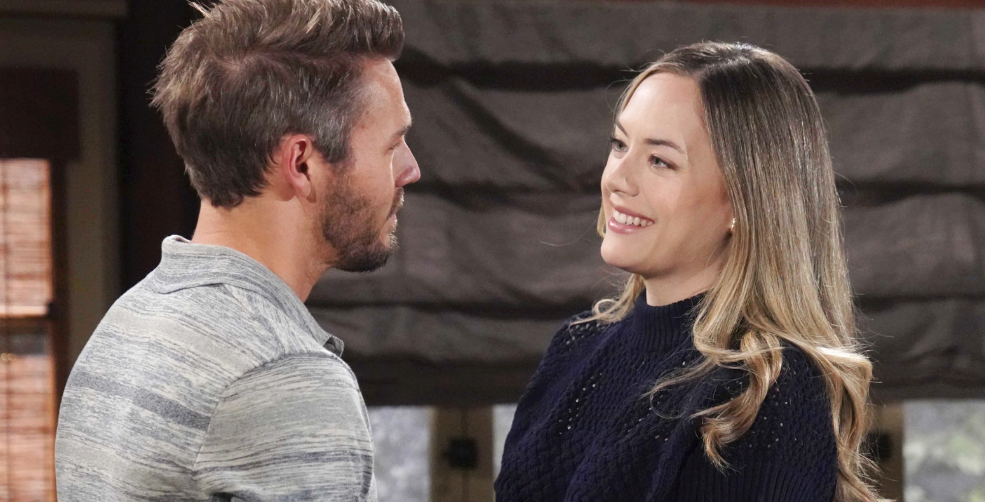 The Bold and the Beautiful couple Liam and Hope in their cabin.