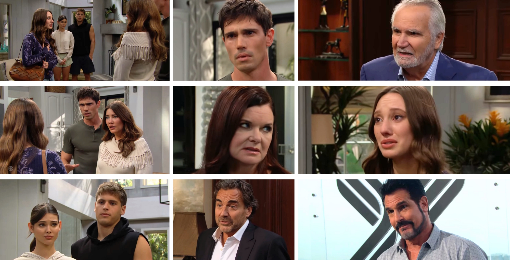 The Bold and the Beautiful characters Dylan, Electra, Will, Steffy, Finn, Eric, Katie, Ridge, and Bill.