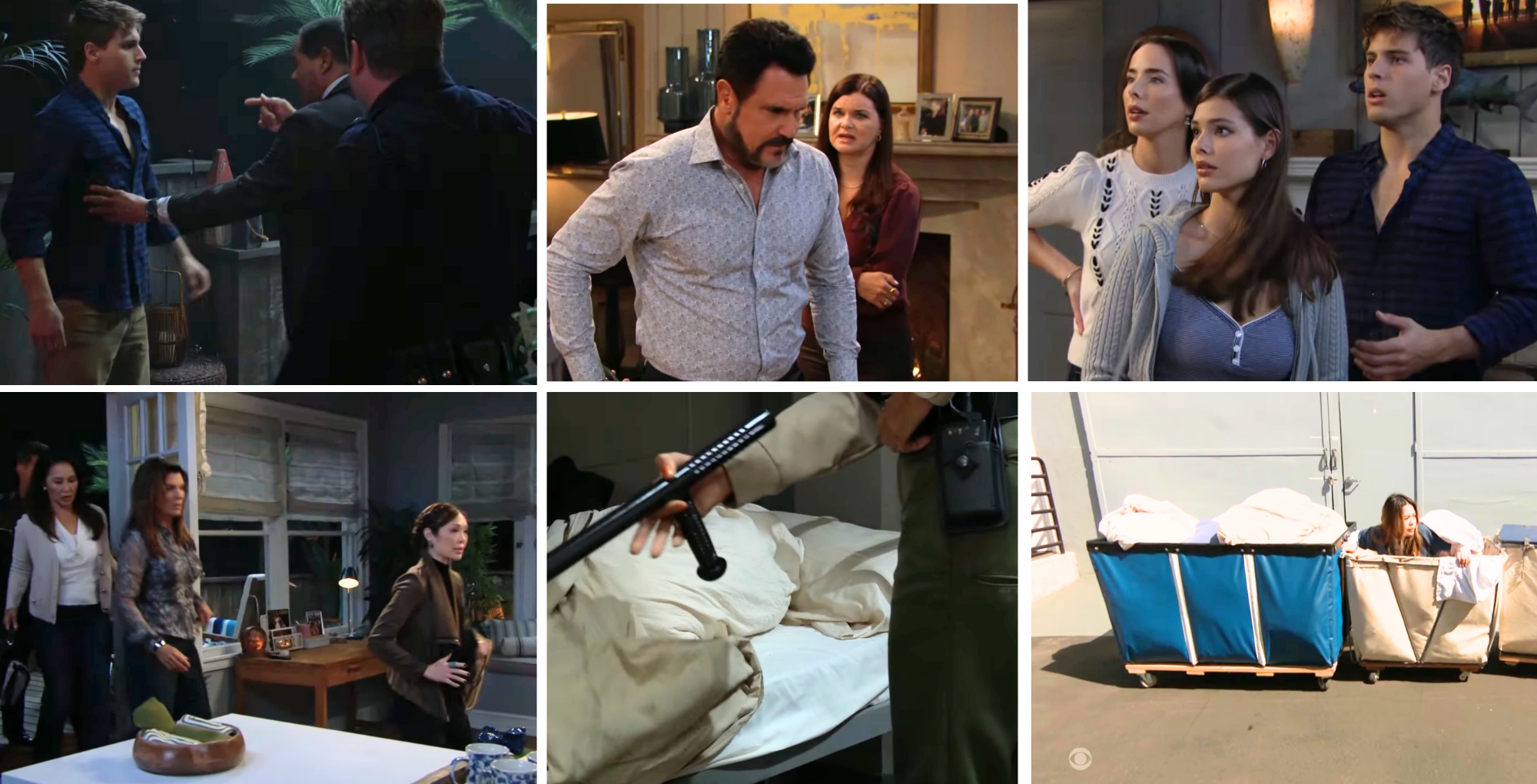 The Bold and the Beautiful characters Will, Lt. Baker, Bill, Katie, Ivy, Electra, Li, Sheila, and Poppy.