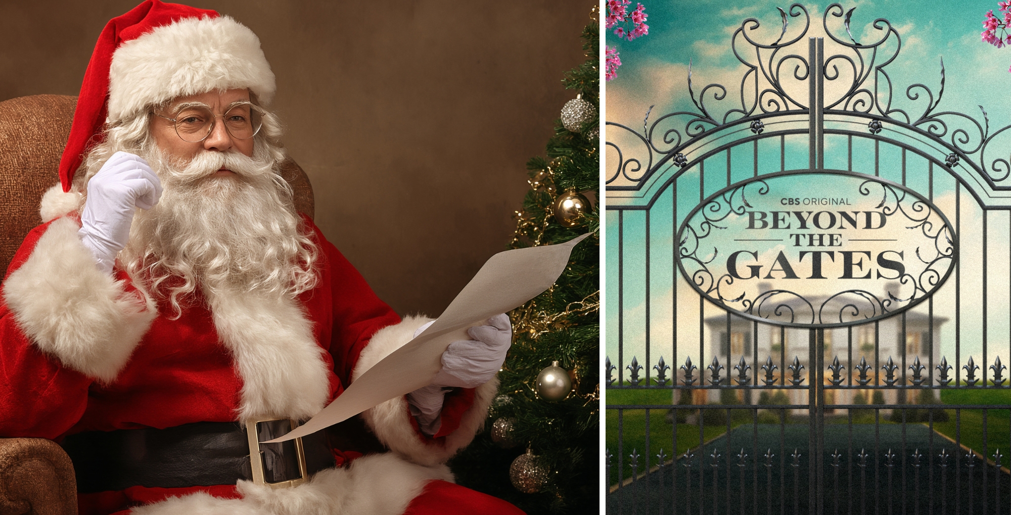 Santa Clause with his naughty and nice list and the Beyond the Gates logo.