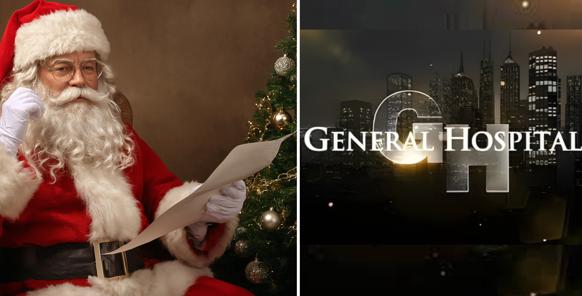 Santa Clause with his naughty and nice list and the GH logo.