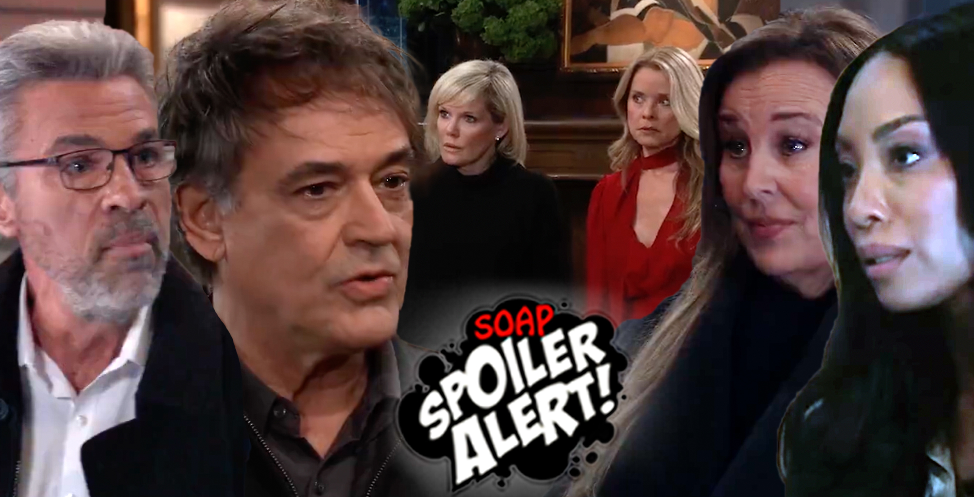 gh spoilers collage of mac, ryan, ava, felicia, laura, and jordan